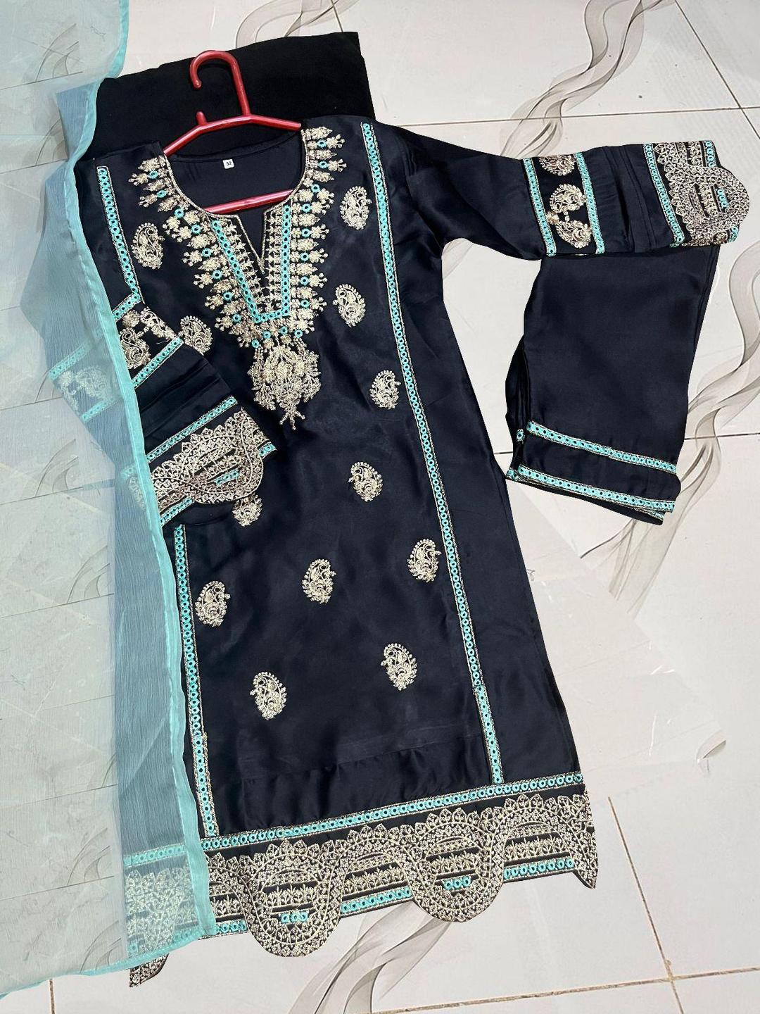 3 Pcs Girl's Raw Silk Embroidered Kurta And Trouser