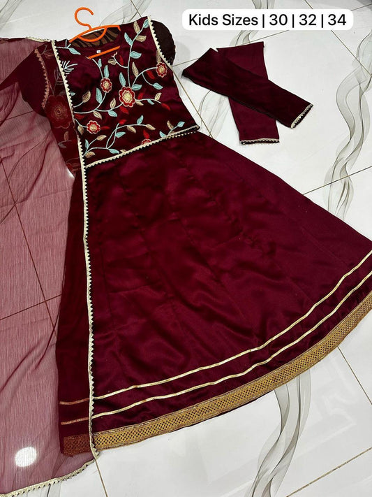 3 Pcs Girl's Raw Silk Embroidered Shirt And Skirt Set