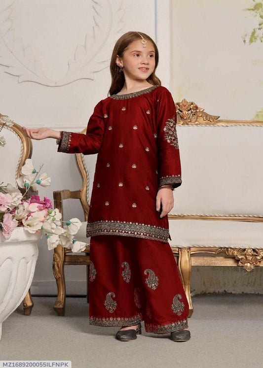 2 Pcs Girl's Silk Embroidered Kurta And Trouser